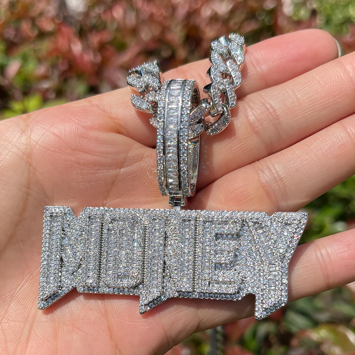 Bubble Letter Money Necklace for Men Iced Out Pendant Real Gold Plated Cubic Zirconia Hip Hop Jewelry