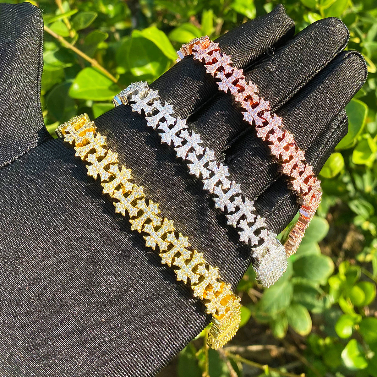 Bubble Letter Iced Out Cross Link Bracelet for Men 5A Cubic Zirconia Gold Plated Hip Hop Jewelry