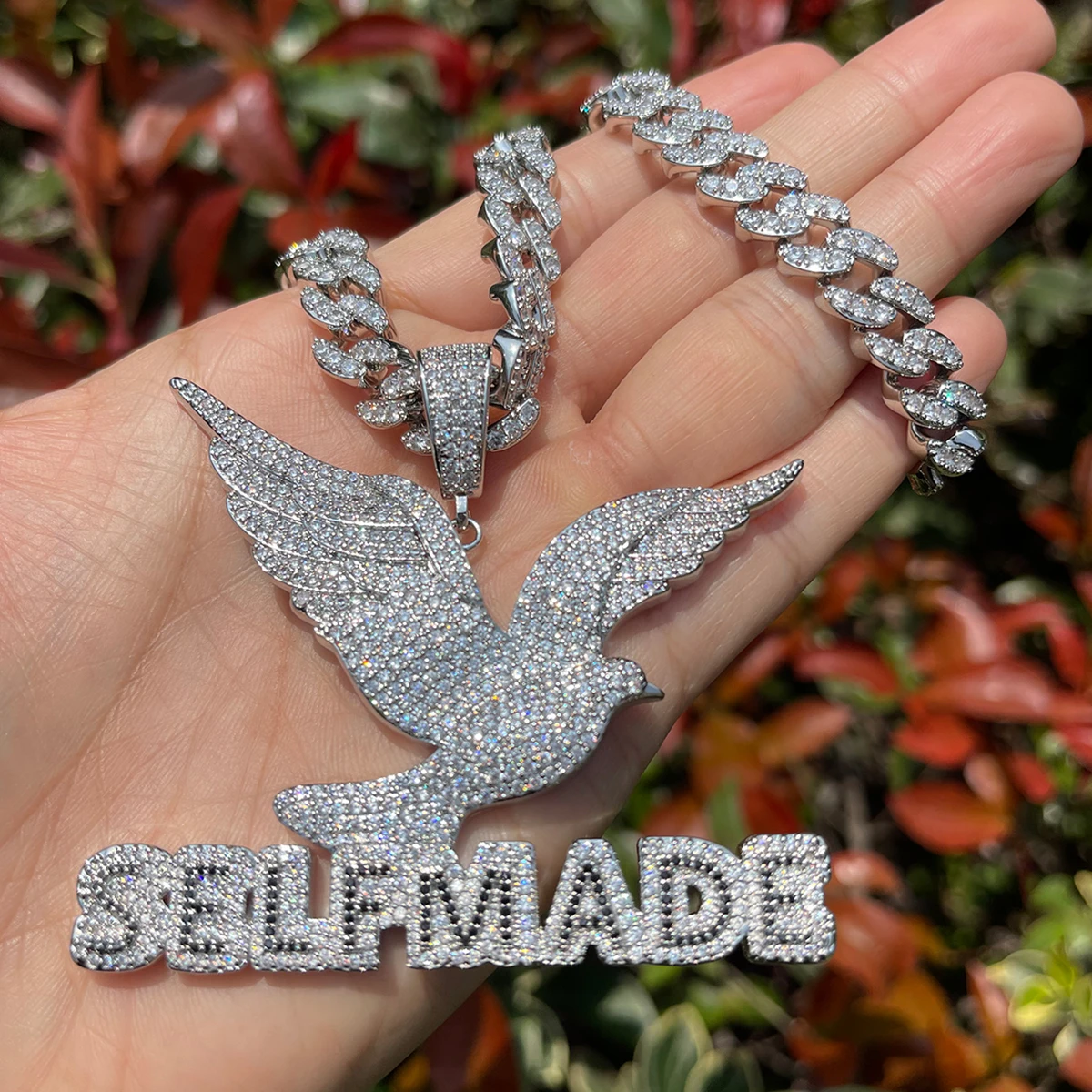 Bubble Letter Self Made Peace Dove Necklace for Men Iced Out Prong Setting Pendant Cubic Zirconia Hip Hop Jewelry