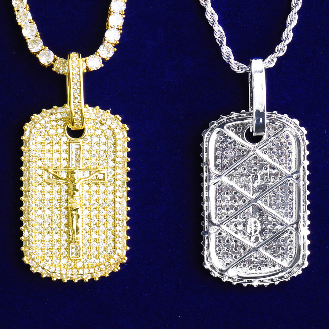 Bubble Letter Iced Out Dog Tag Cross Jesus Necklace Pendant for Men 5A Cubic Zirconia Hip Hop Jewelry