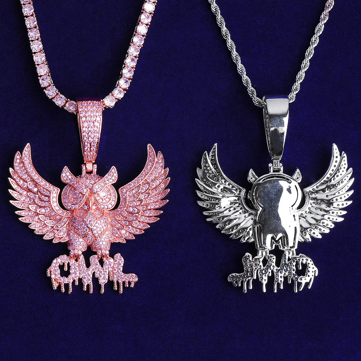 Bubble Letter Iced Out Owl Necklace Pendant for Men 5A Cubic Zirconia Gold Plated Hip Hop Jewelry