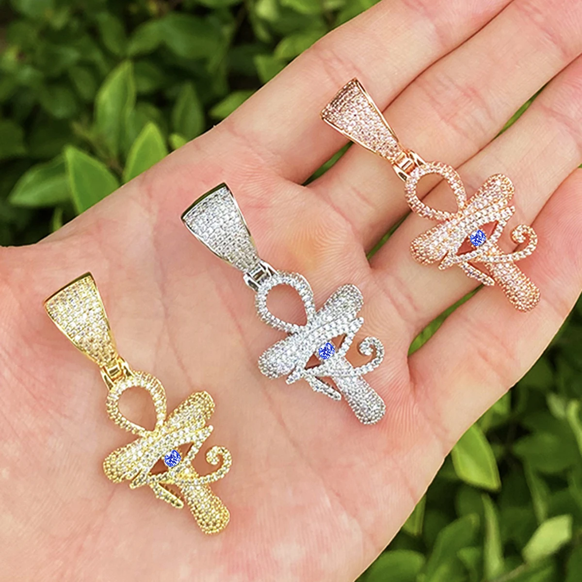 Bubble Letter Iced Out Eye Cross Necklace Pendant for Men 5A Cubic Zirconia Gold Plated Hip Hop Jewelry