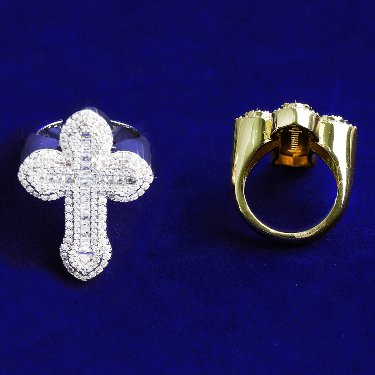 Bubble Letter Iced Out Baguette Cross Ring for Men 5A Cubic Zirconia Real Gold Plated Hip Hop Jewelry