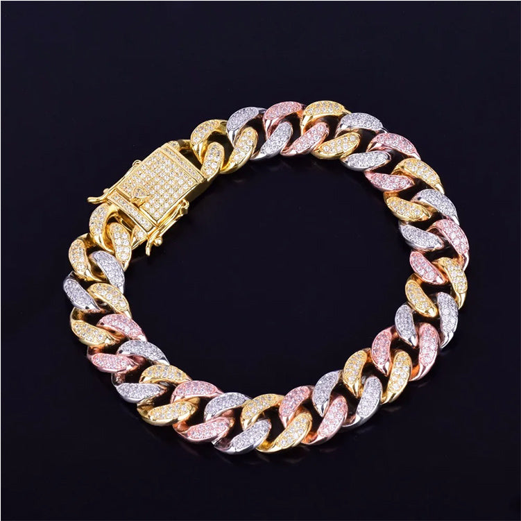 12MM Mixed Color Cuban Chain Bracelet Men's Hip hop Jewelry Iced Out AAA Zirconia Colorful Bracelet 7" 8"