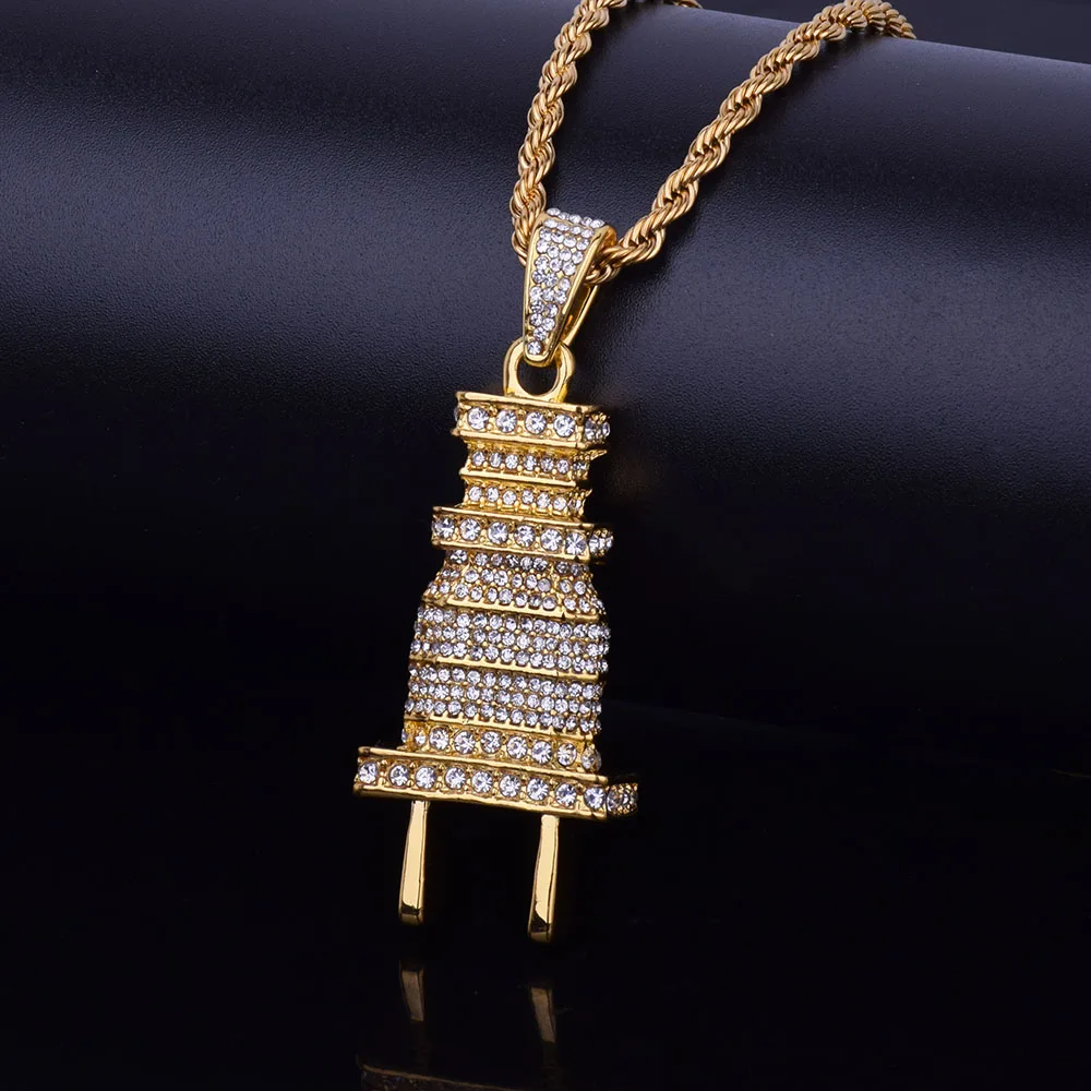 Bubble Letter Men's Iced Bling Plug Pendant Necklace Gold Color Charms Micro Pave Full Rhinestone Hip Hop Jewelry