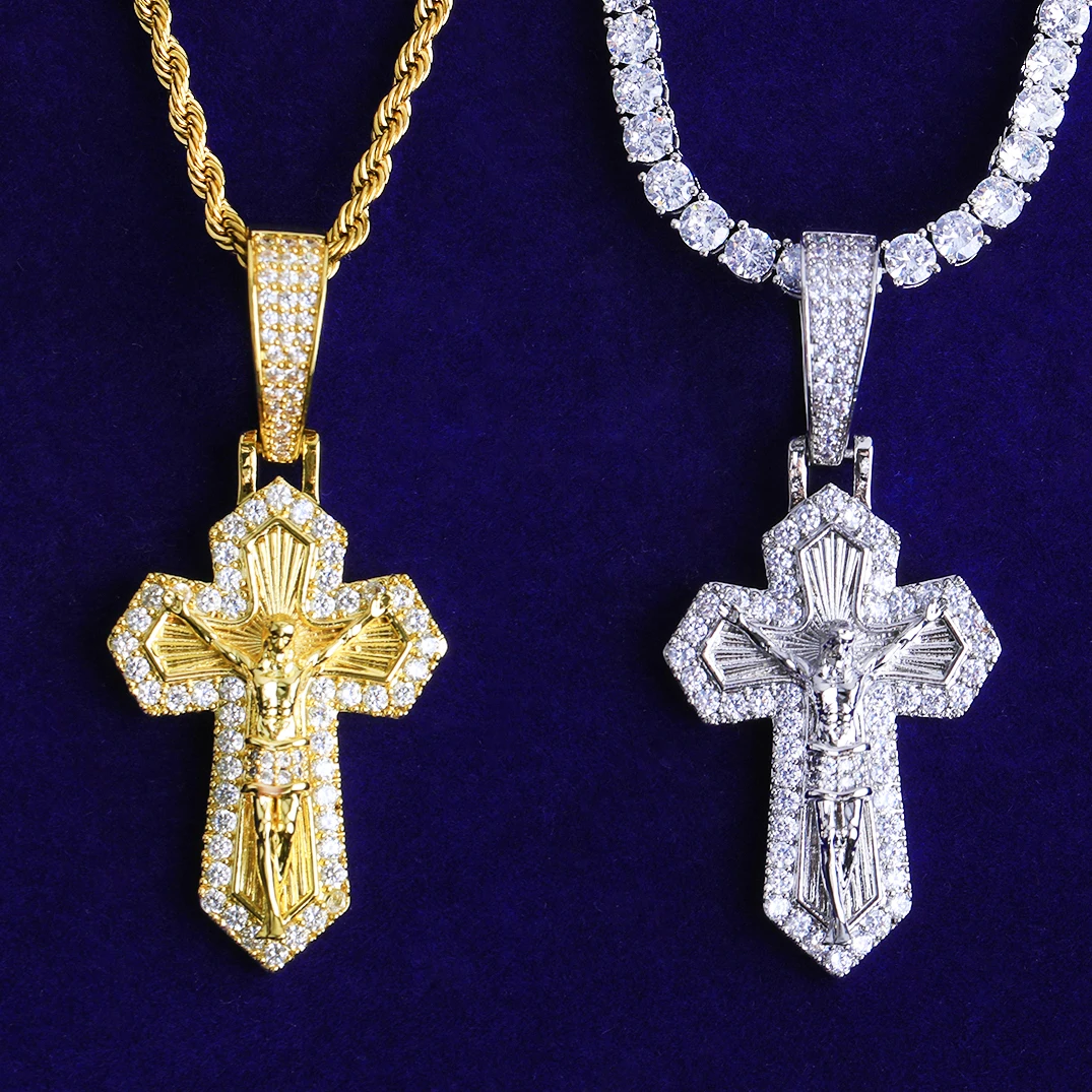 Bubble Letter Iced Out Cross Jesus Necklace Pendant for Men 5A Cubic Zirconia Gold Plated Hip Hop Jewelry