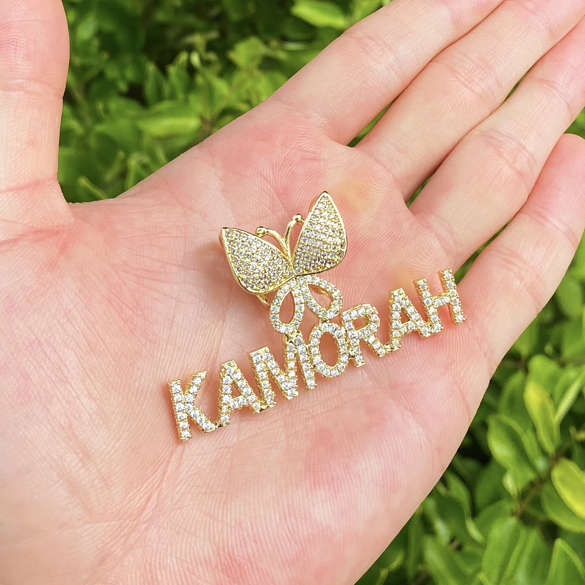 Bubble Letter Iced Out Custom Name Necklace Pendant Butterfly Bail for Women Real Gold Plated 5A Grade Hip Hop Jewelry