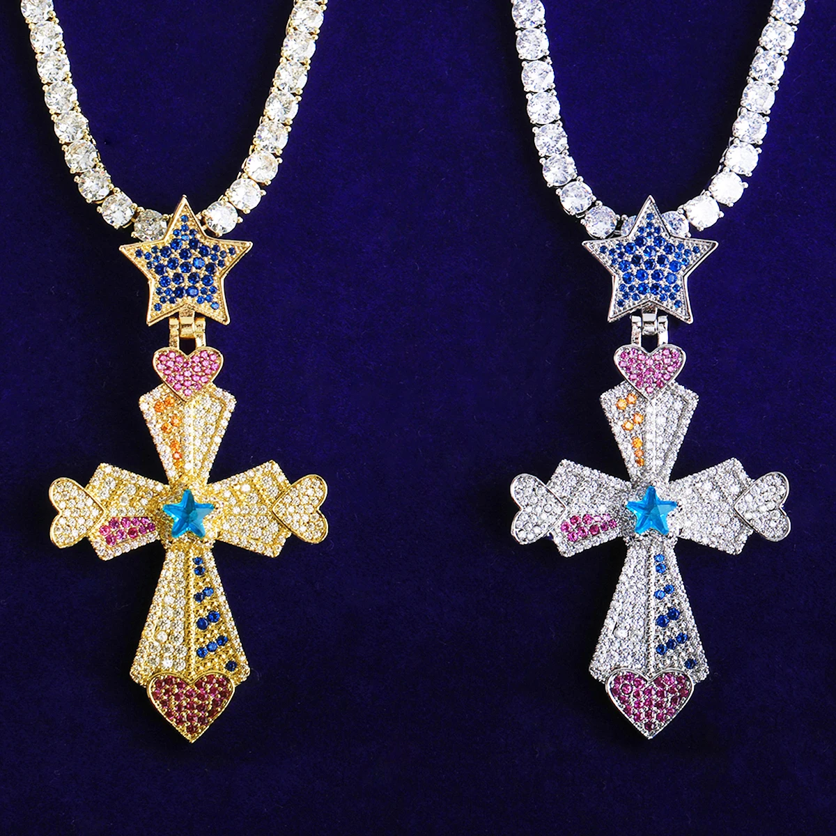 Bubble Letter Iced Out Colorful Cross Heart Arrow Star Bail Necklace Pendant Men Gold Plated 5A Cubic Zirconia Hip Hop Jewelry