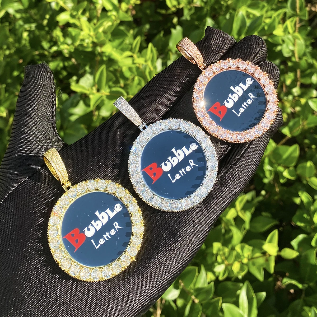 Bubble Letter Iced Out Solid Back Custom Photo Pendant for Men 5A Cubic Zirconia Prong Setting Hip Hop Jewelry