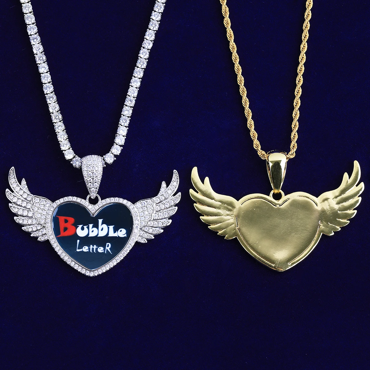 Bubble Letter Iced Out Wing Heart Solid back Custom Photo Necklace Pendant for Men Real Gold Plated 5A Grade Hip Hop Jewelry