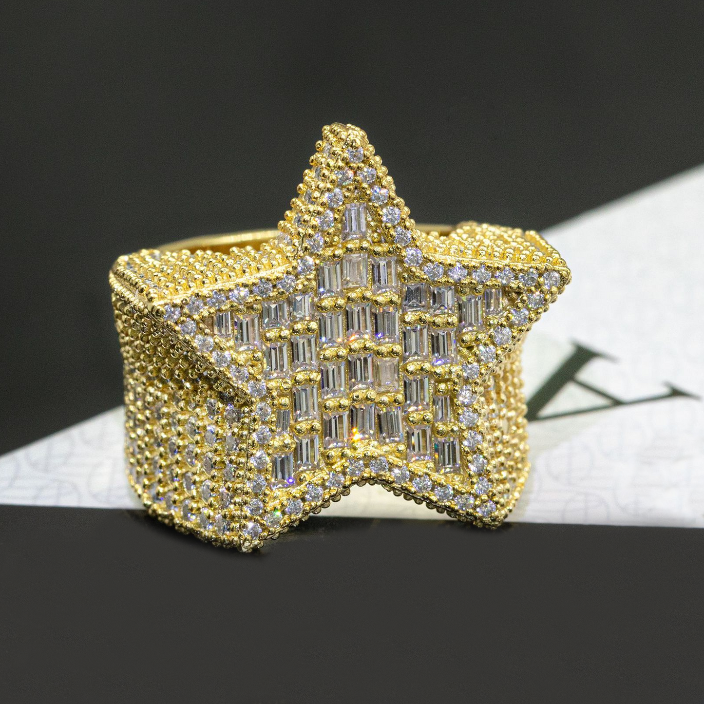 Bubble Letter Silver Moissanite VVS Baguette Top Star Ring for Men Hip Hop Jewelry