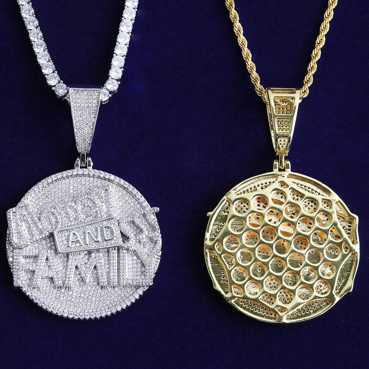 Bubble Letter Iced Out Money and Family Necklace Pendant for Men Real Gold Plated 5A Cubic Zirconia Hip Hop Jewelry