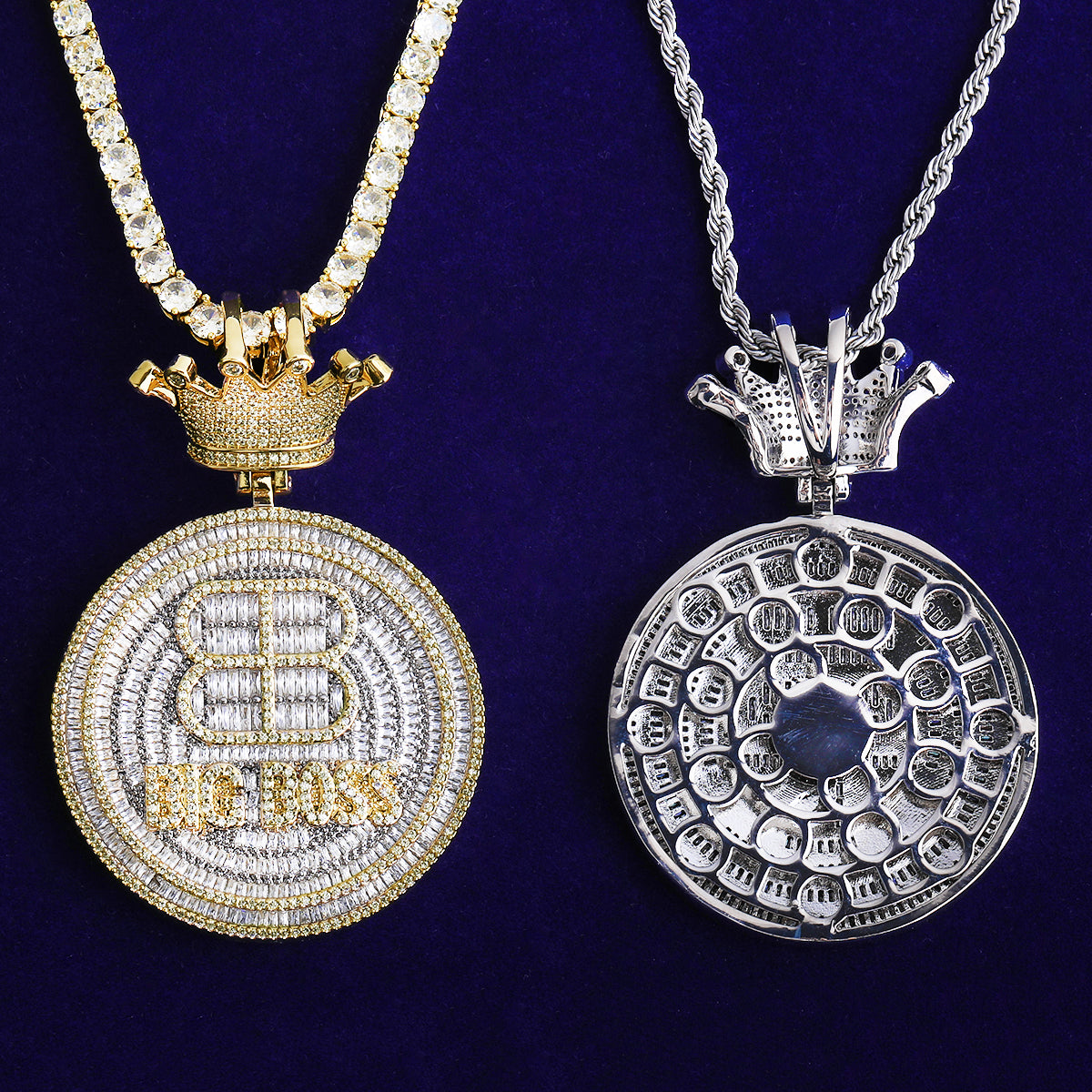 Bubble Letter Iced Out Big Boss Crown Bail Necklace Pendant for Men 5A Cubic Zirconia Gold Plated Hip Hop Jewelry