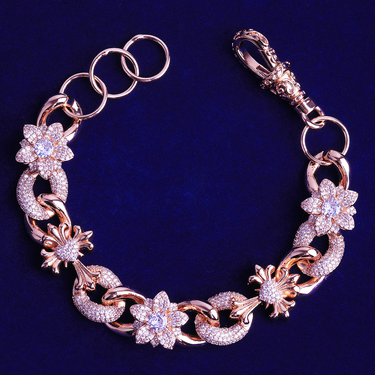 Bubble Letter Iced Out Cross Flower Link Bracelet for Men Real Copper Gold Plated Hip Hop Jewelry