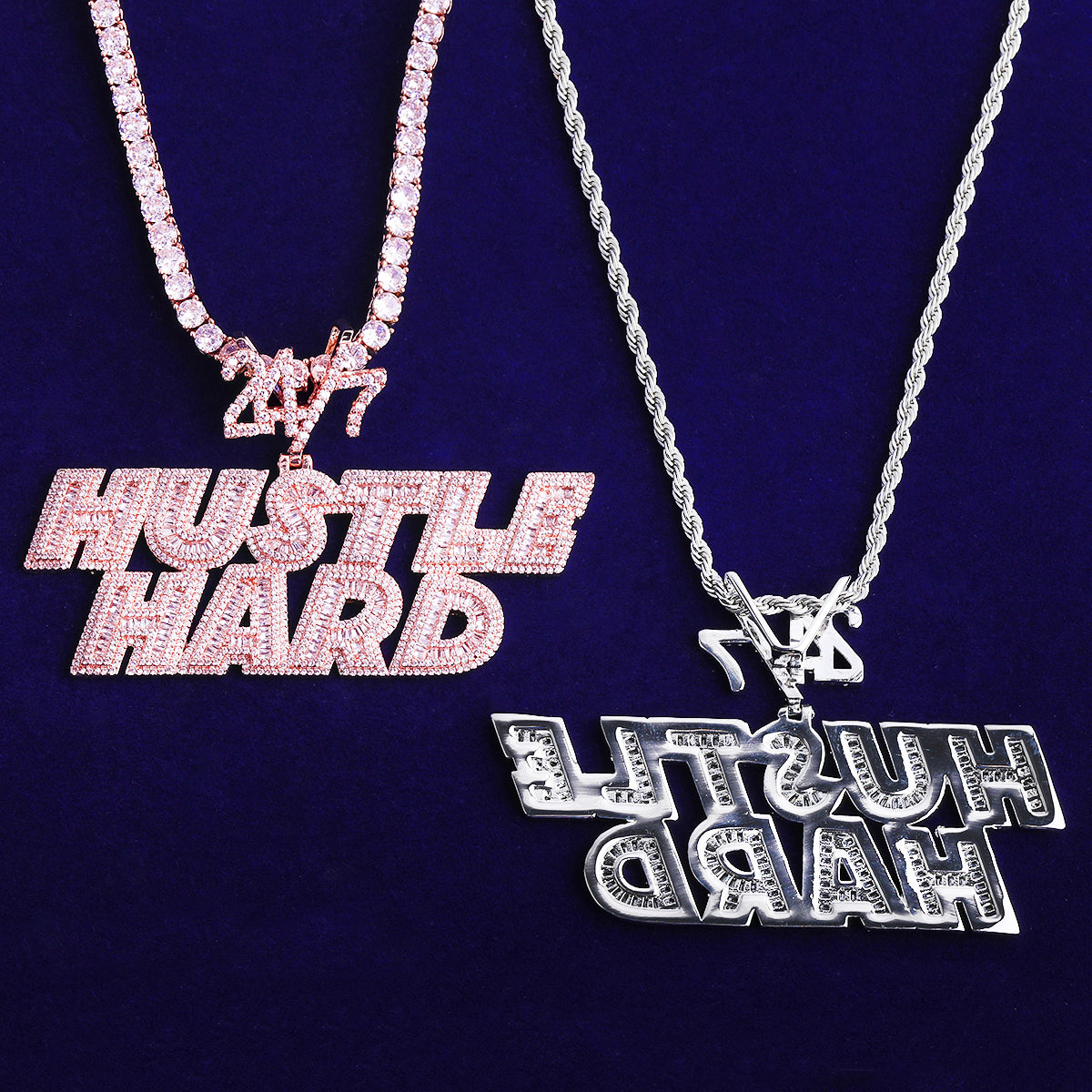 Bubble Letter Iced Out Hustle Hard 24/7 Necklace Pendant Men 5A Prong Setting Cubic Zirconia Copper Gold Plated Hip Hop Jewelry