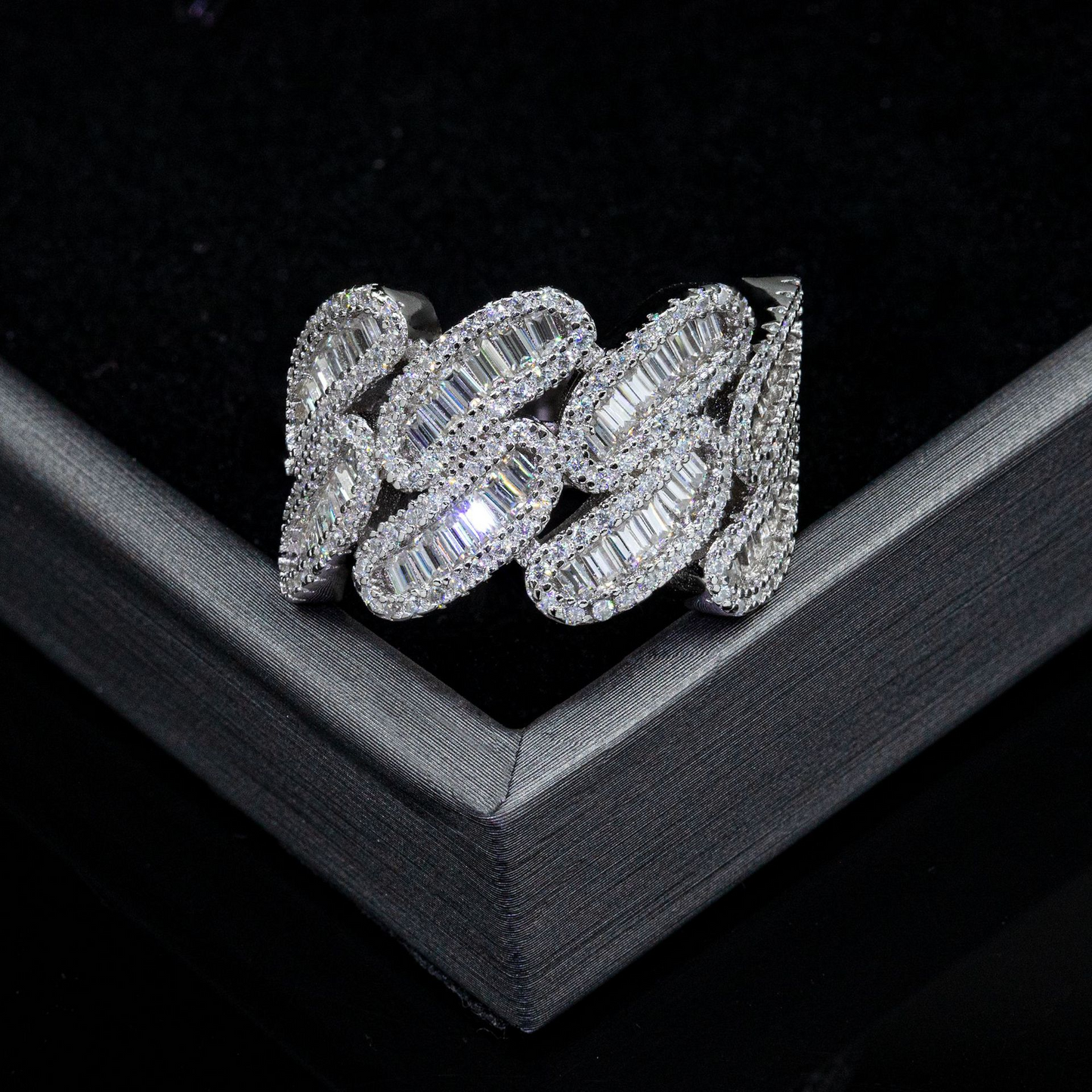 Bubble Letter Silver Moissanite VVS Baguette Cuban Ring for Men Hip Hop Jewelry