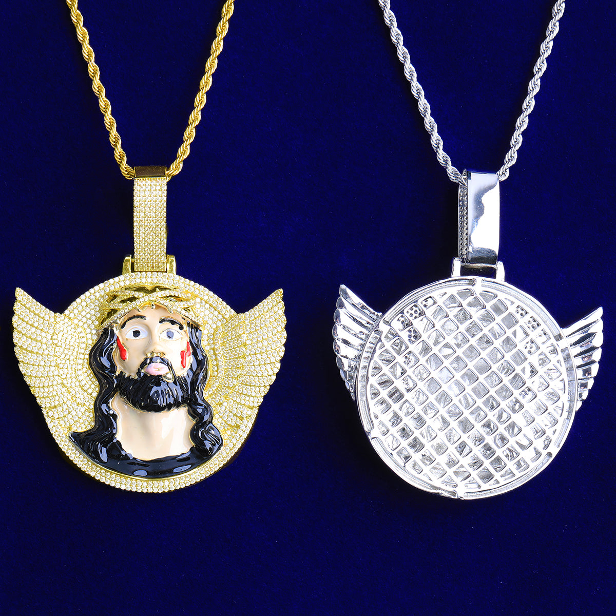 Bubble Letter Iced Out Wing Jesus Disc Necklace Pendant for Men 5A Cubic Zirconia Hip Hop Jewelry