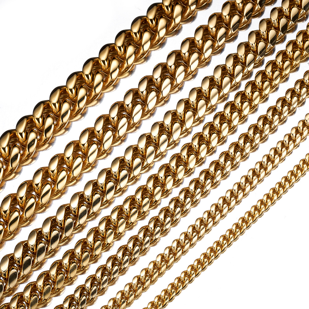 Bubble Letter Stainless Steel Miami Cuban Link Chain for Men Necklace Choker PVD Plating Real Gold Plated Lobster Clasp Rapper Jewelry