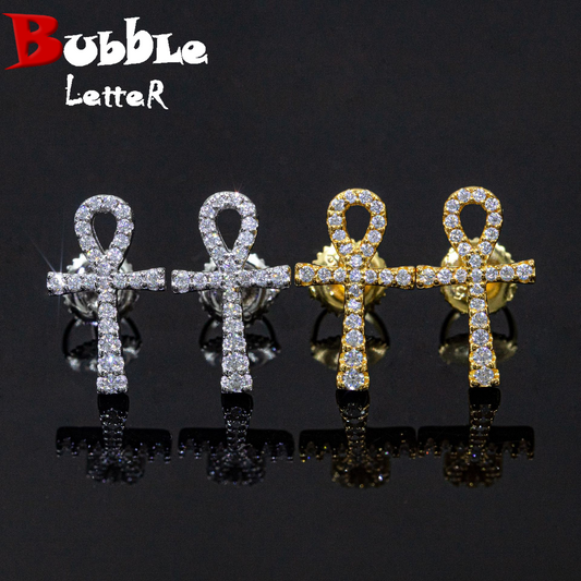 Bubble Letter Silver Moissanite VVS Ankh Cross Stud Earring for Men Hip Hop Jewelry