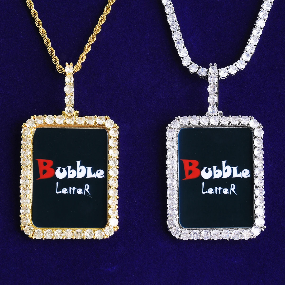 Bubble Letter Iced Solid Back Rectangular Custom Photo Necklace Pendant Men Real Gold Plated 5A Cubic Zirconia Hip Hop Jewelry