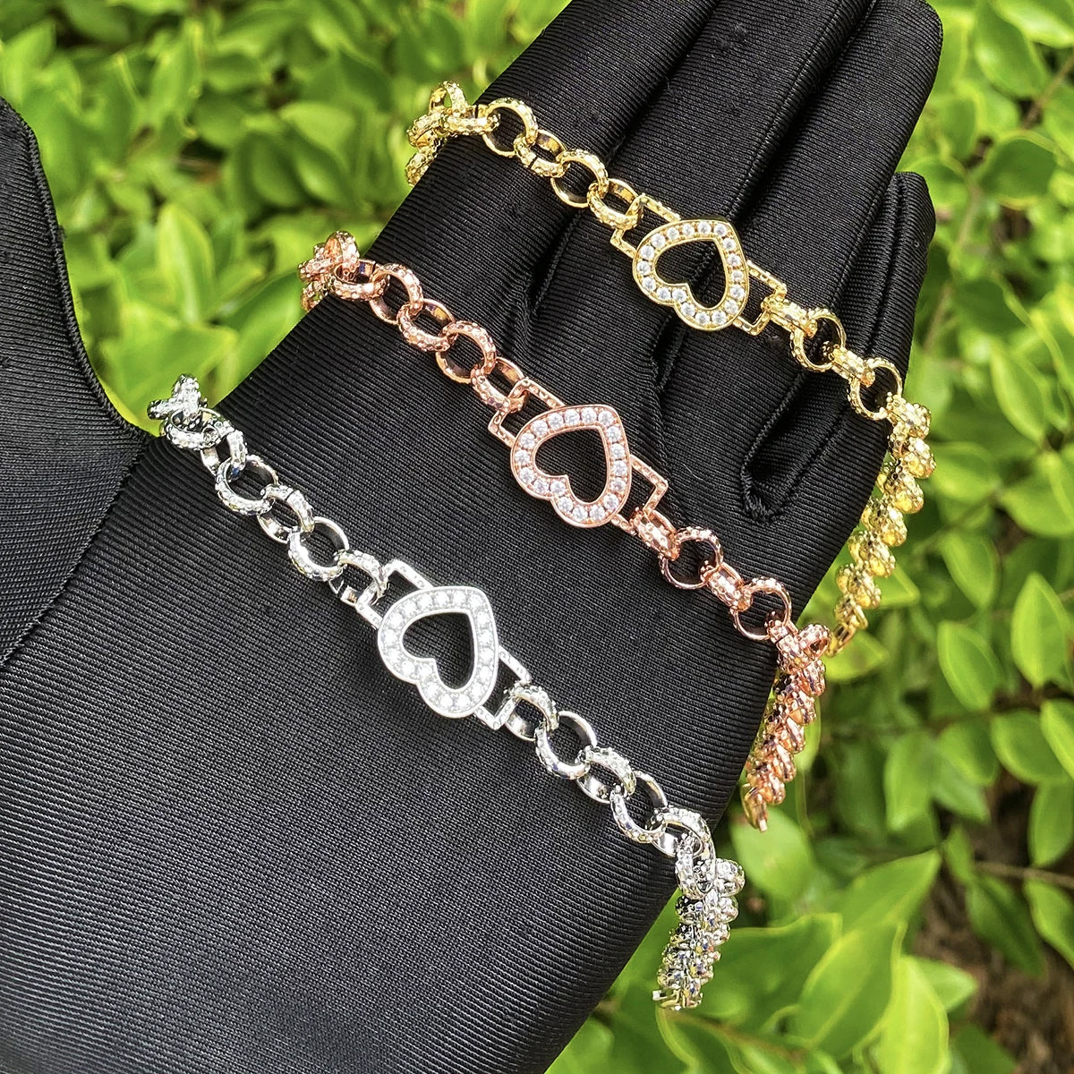 Bubble Letter Iced Out Ring Link Bracelet Heart for Women Real Gold Plated 5A Grade Hip Hop Jewelry