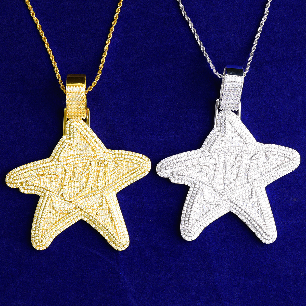 Bubble Letter Iced Out Super Big Star Necklace Pendant for Men Real Gold Plated Cubic Zirconia Hip Hop Jewelry