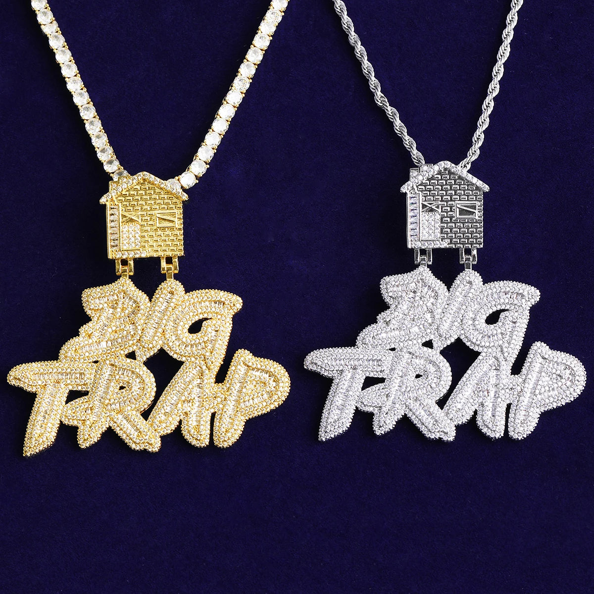 Bubble Letter Iced Out Big Trap House Bail Necklace Pendant for Men Real Gold Plated 5A Cubic Zirconia Hip Hop Jewelry
