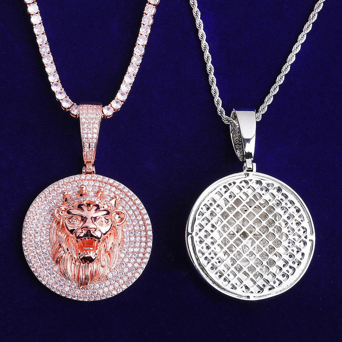 Bubble Letter Iced Out Lion King Disc Necklace Pendant for Men 5A Cubic Zirconia Gold Plated Hip Hop Jewelry