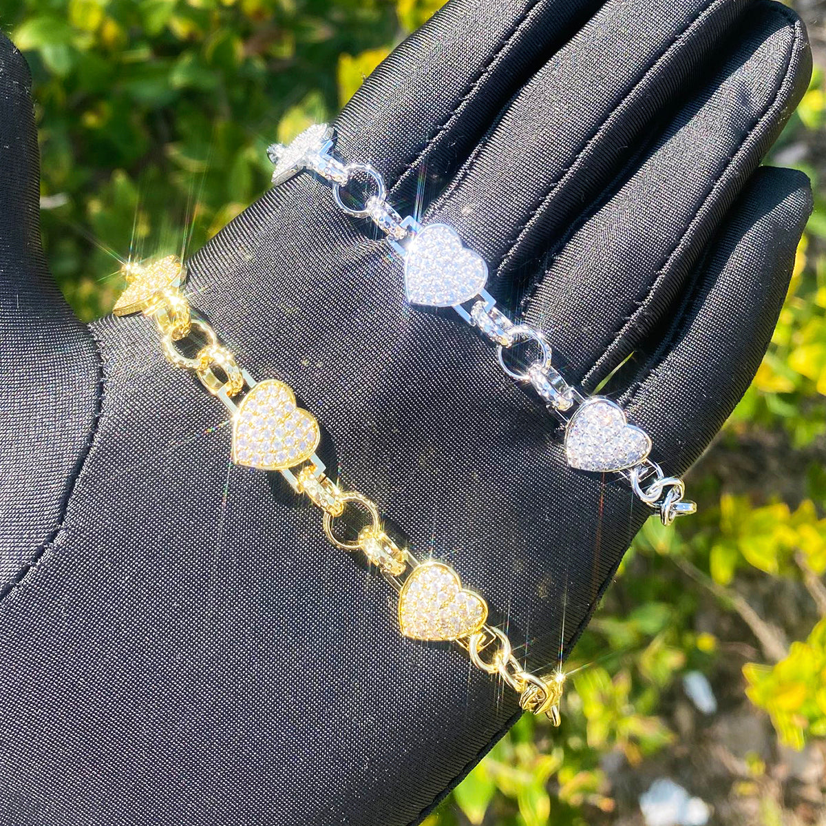 Bubble Letter Belcher Heart Link Bracelet for Men Real Gold Plated Copper Cubic Zirconia Hip Hop Jewelry