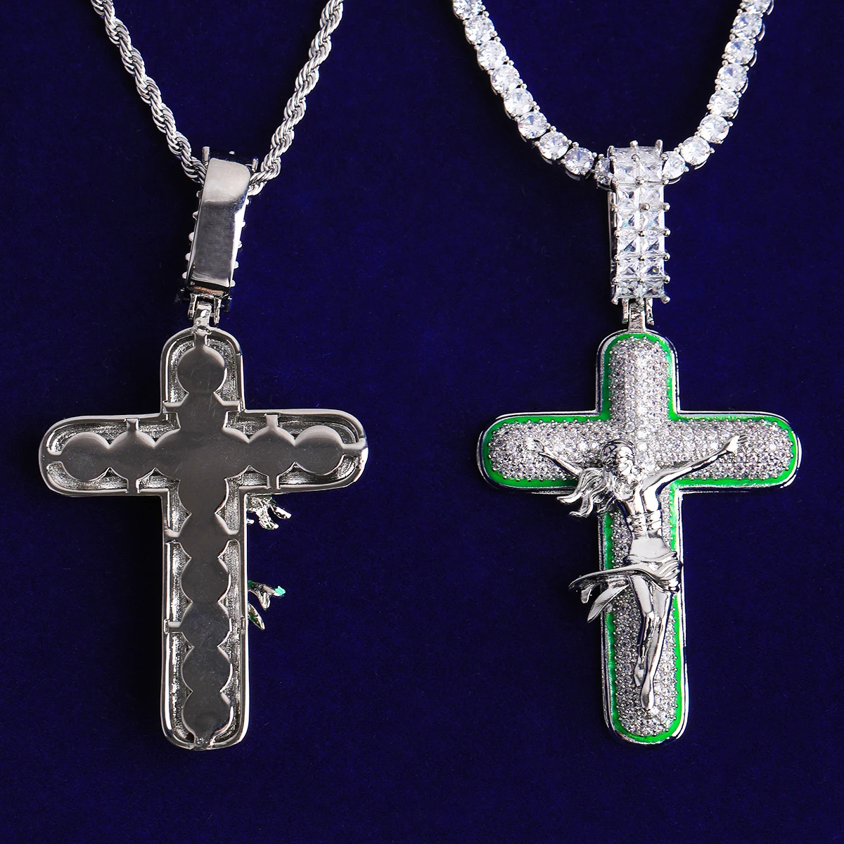 Bubble Letter Iced Out Green Cross Jesus Necklace Pendant for Men 5A Cubic Zirconia Gold Plated Hip Hop Jewelry