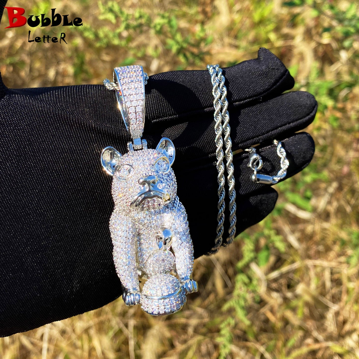 Bubble Letter Iced Out Dog Necklace Pendant for Men Micro Pave Charms Cubic Zirconia Real Copper Hip Hop Jewelry