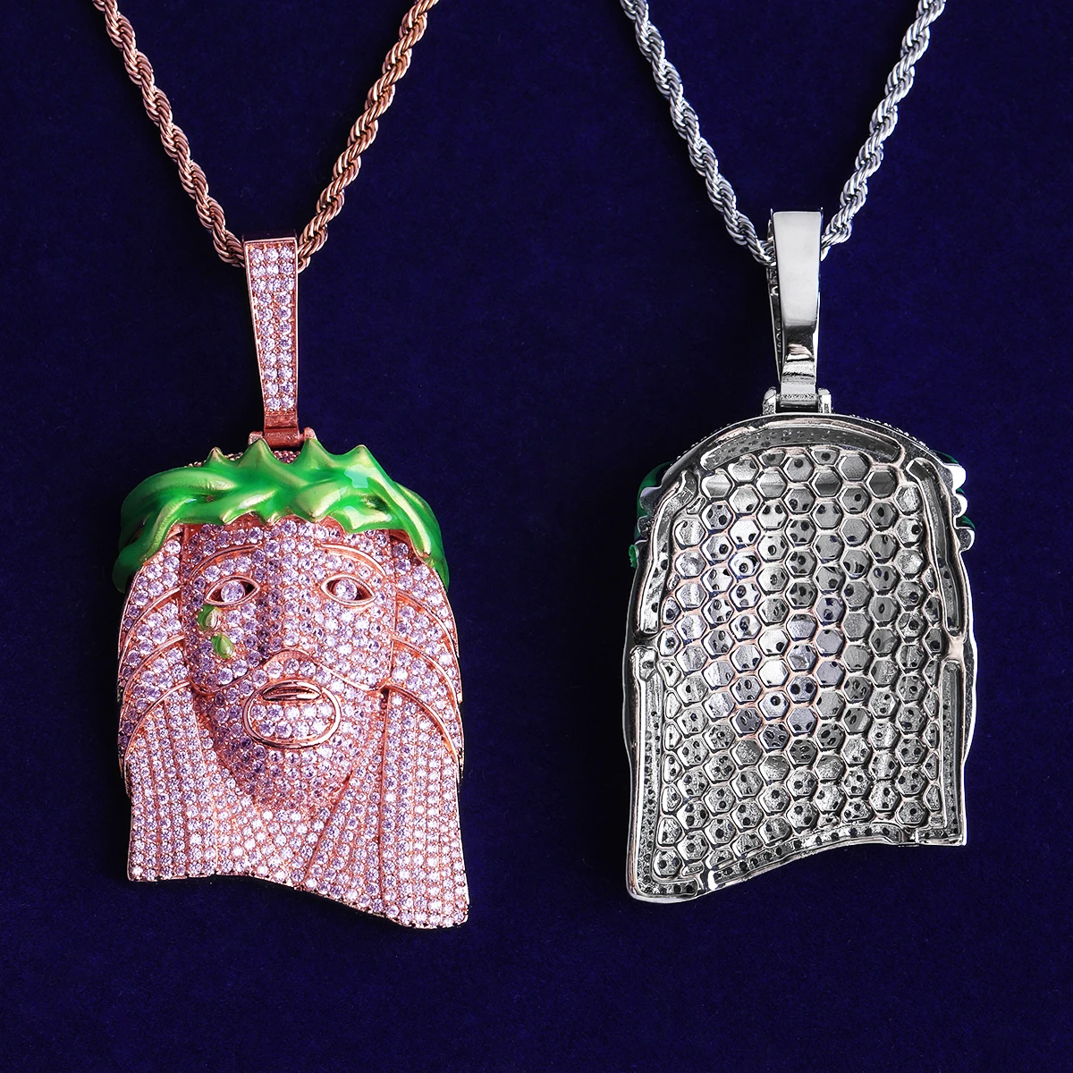 Bubble Letter Iced Out Green Jesus Necklace Pendant for Men 5A Cubic Zirconia Gold Plated Hip Hop Jewelry