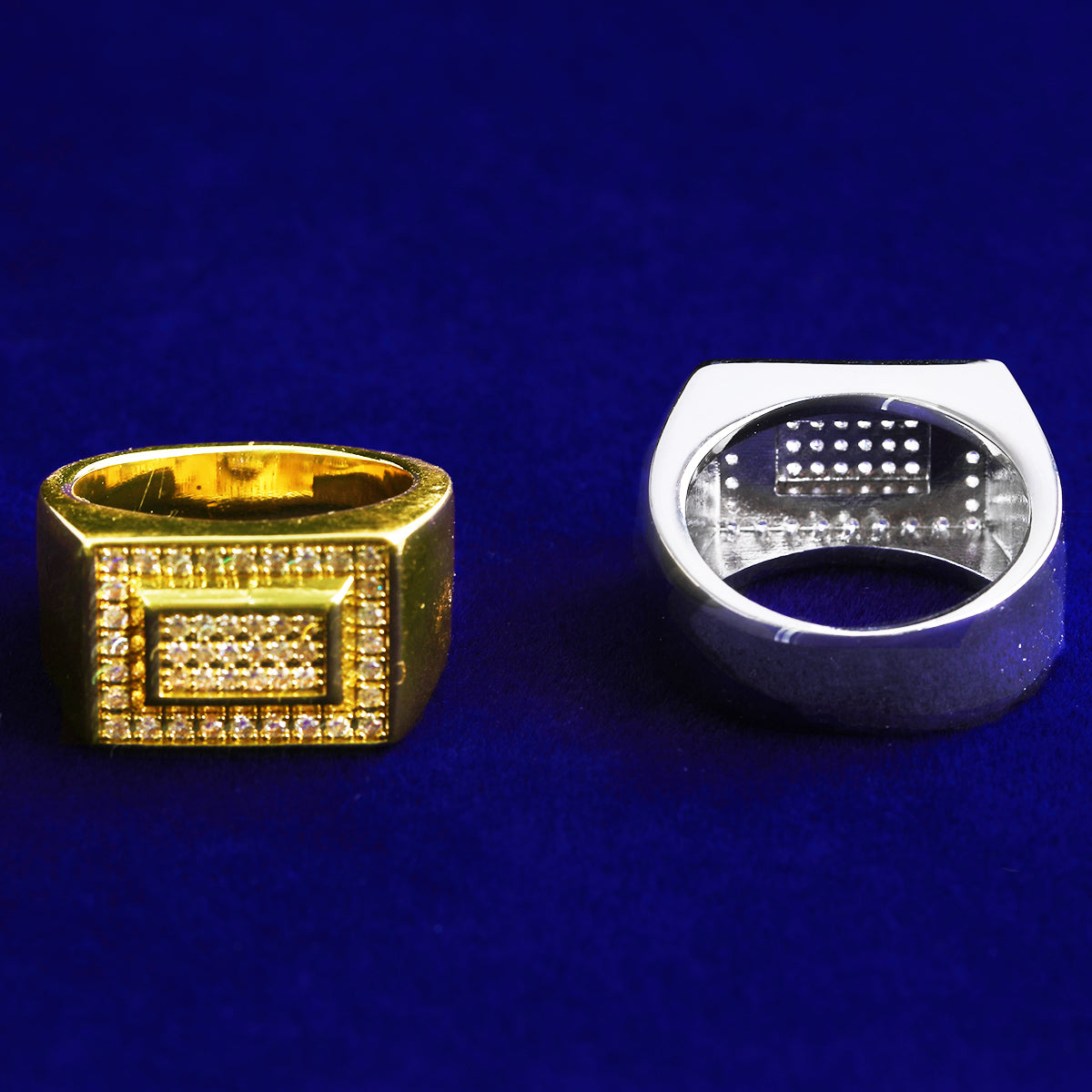 Bubble Letter Iced Out Double Rectangle Ring for Men Real Gold Plated Cubic Zirconia Hip Hop Jewelry