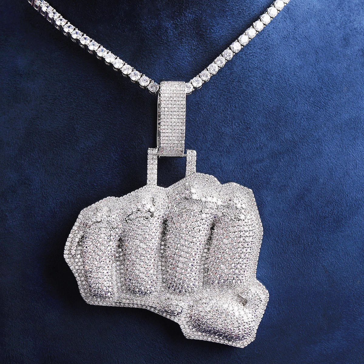Bubble Letter Iced Out Fist Necklace Pendant for Men Real Gold Plated Cubic Zirconia Hip Hop Jewelry