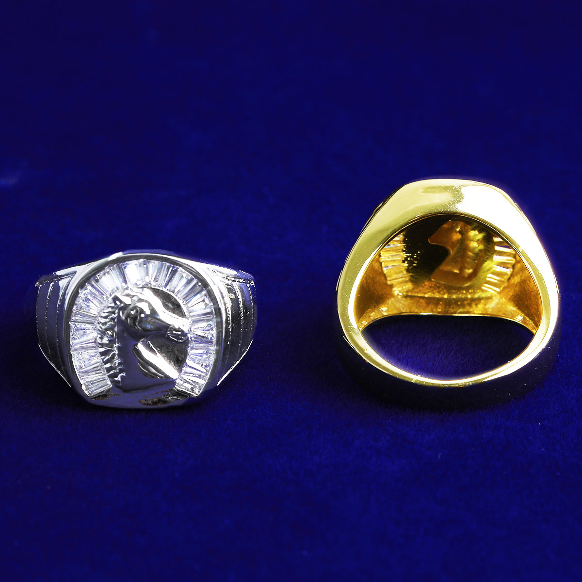 Bubble Letter Iced Out Horse Head Ring for Men Real Gold Plated Cubic Zirconia Hip Hop Jewelry