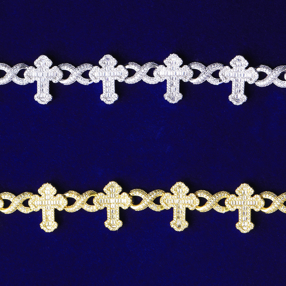 Bubble Letter Iced Out Baguette Cross Infinity Link Bracelet for Men 5A Cubic Zirconia Real Gold Plated Hip Hop Jewelry