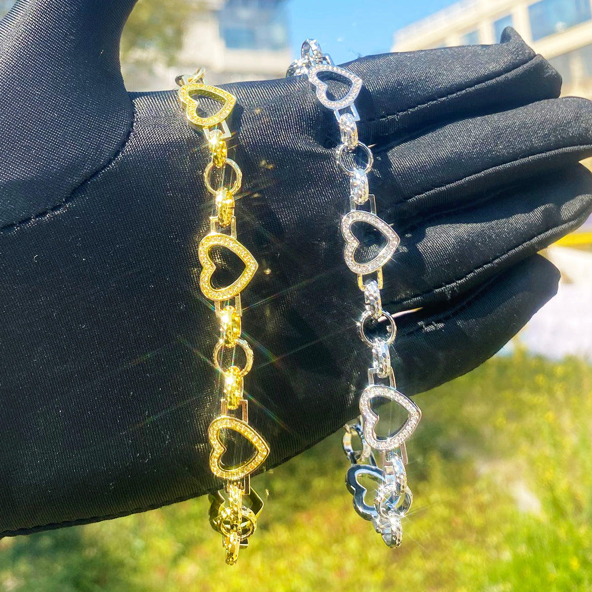 Bubble Letter Iced Out Hollow Heart Belcher Link Bracelet for Women Real Gold Plated Hip Hop Jewelry