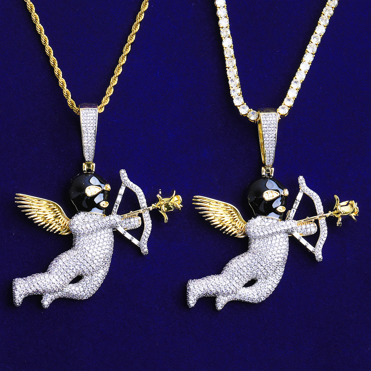 Bubble Letter Iced Out Angel Wing Arrow Necklace Pendant for Men 5A Real Gold Plated Hip Hop Jewelry