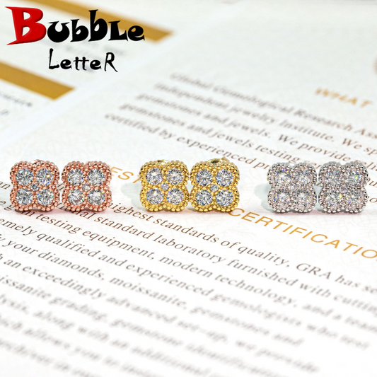 Bubble Letter Silver Moissanite VVS Flower Stud Earring for Women Hip Hop Jewelry