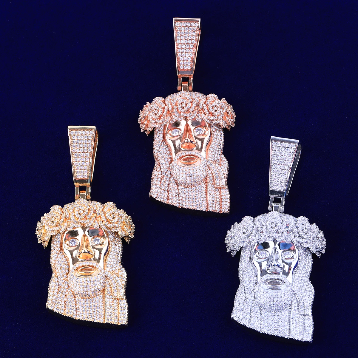 Bubble Letter Iced Out Rose Flower Jesus Necklace Pendant for Men Micro Pave Cubic Zirconia Hip Hop Jewelry