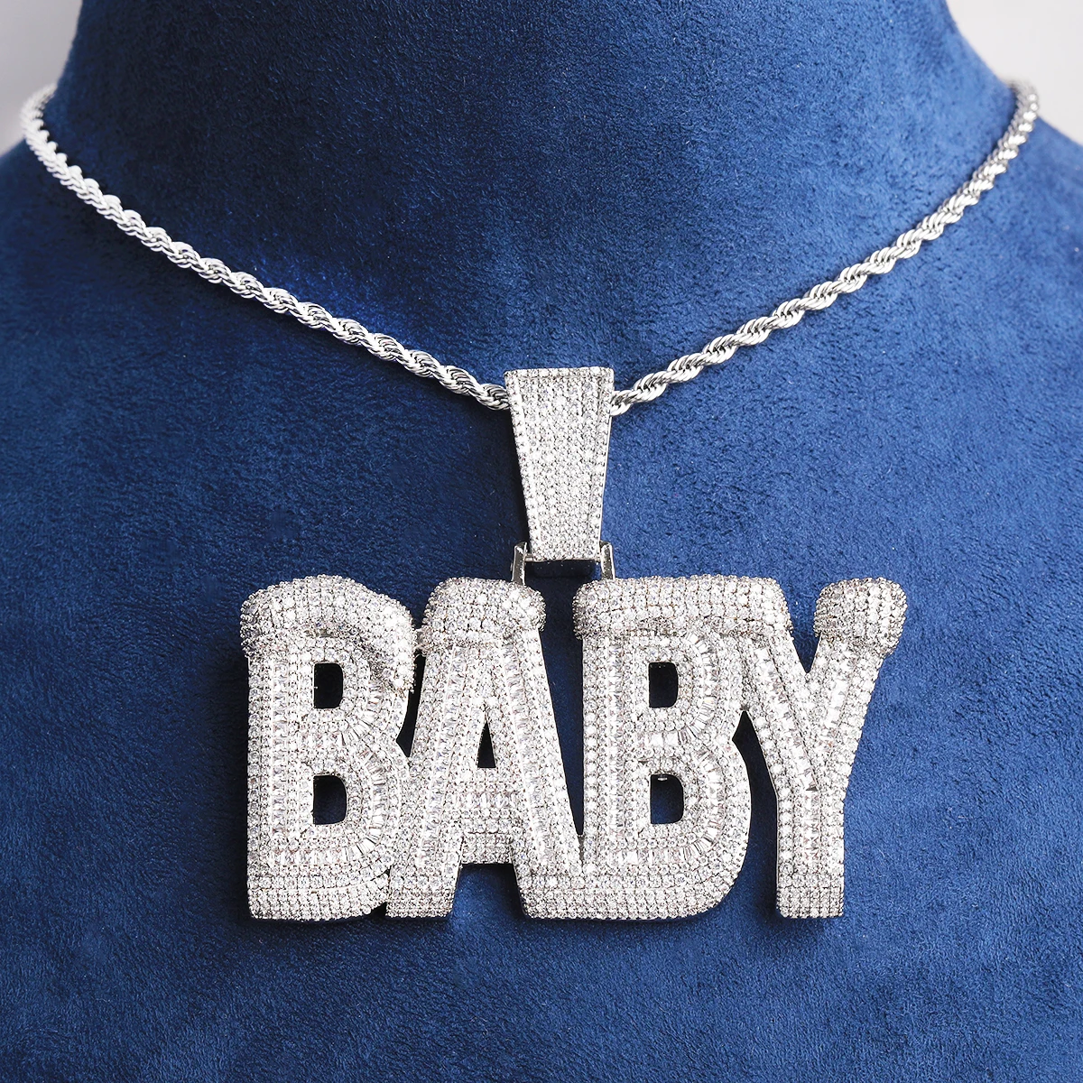 Bubble Letter Iced Out Baby Necklace Pendant for Men 5A Cubic Zirconia Prong Setting Hip Hop Jewelry