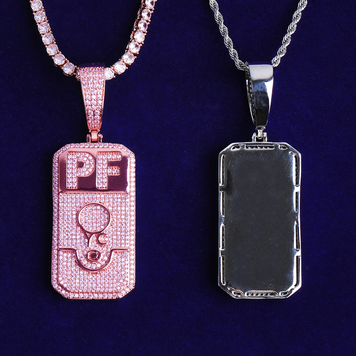 Bubble Letter Iced Out PF Dog Tag Necklace Pendant for Men 5A Cubic Zirconia Gold Plated Hip Hop Jewelry