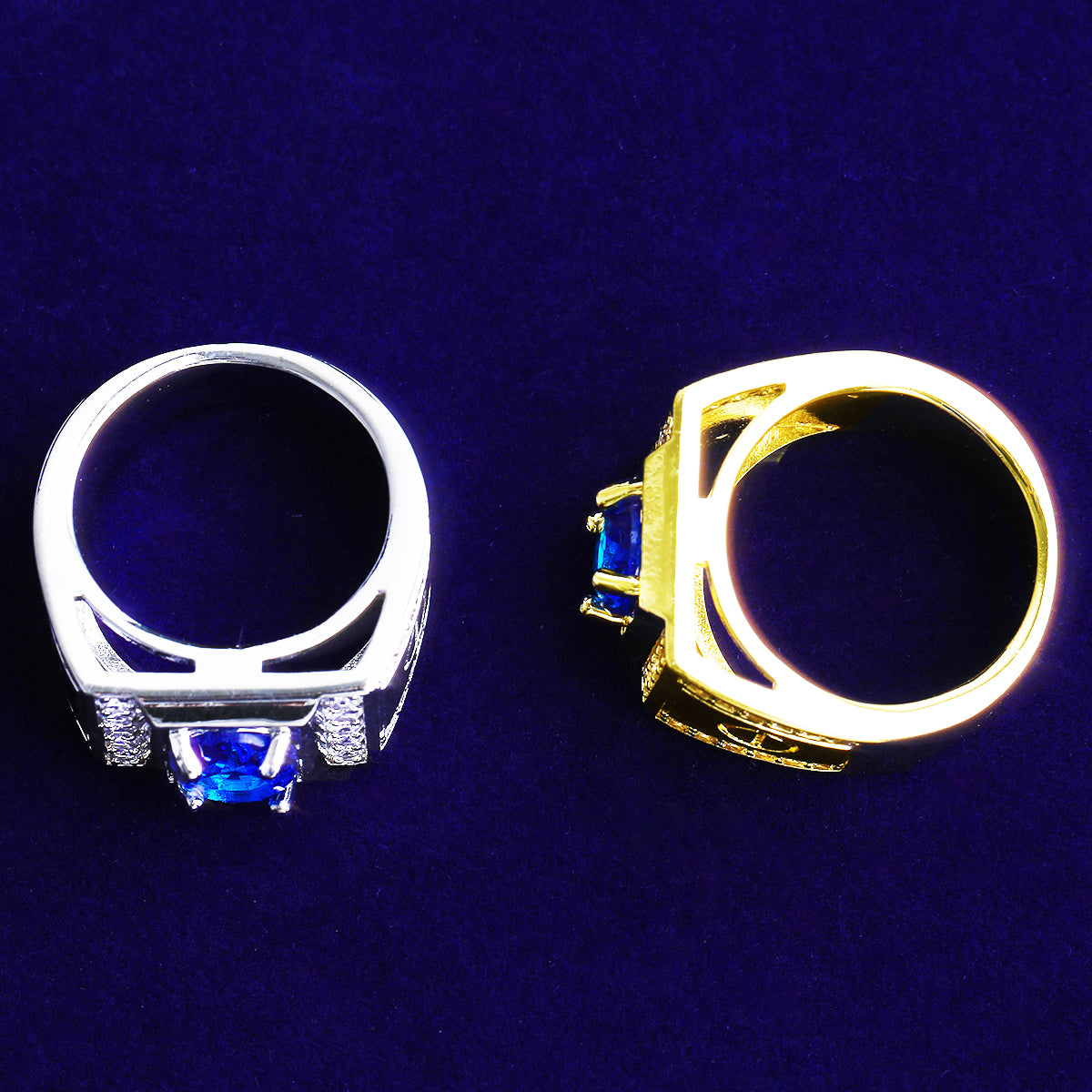 Bubble Letter Iced Out Blue Stone Ring for Men Real Gold Plated Hip Hop Jewelry