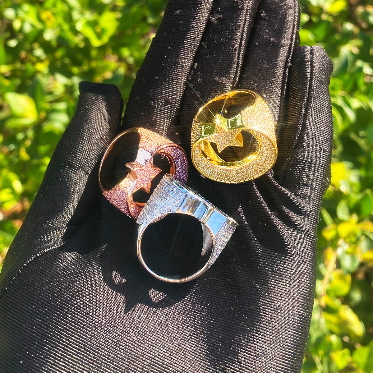 Bubble Letter Iced Out Moon Star Ring for Men 5A Cubic Zirconia Hip Hop Jewelry