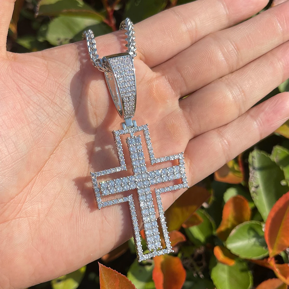 Bubble Letter Iced Out Hollow Cross Necklace for Men Prong Setting Pendant Copper Material Real Gold Plated Hip Hop Jewelry