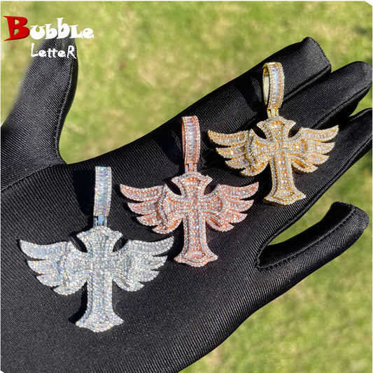 Bubble Letter Iced Out Cross Angle Wing Necklace Pendant for Men Real Gold Plated Hip Hop Jewelry