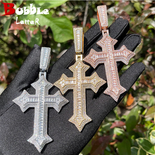 Bubble Letter Iced Out Cross Necklace for Men Prong Setting Real Copper Cubic Zirconia Hip Hop Jewelry Dropshipping Items