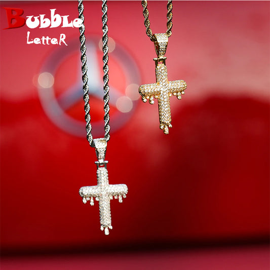 Bubble Letter Cross Necklace for Men Drippy Iced Out Pendant Real Gold Plated Hip Hop Jewelry