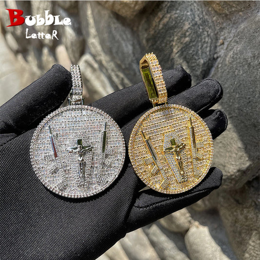 Bubble Letter Solid Back Necklace Iced Out Pendant Gun Jesus Big Circle Charms Real Gold Plated Hip Hop Jewelry 2022 Trend