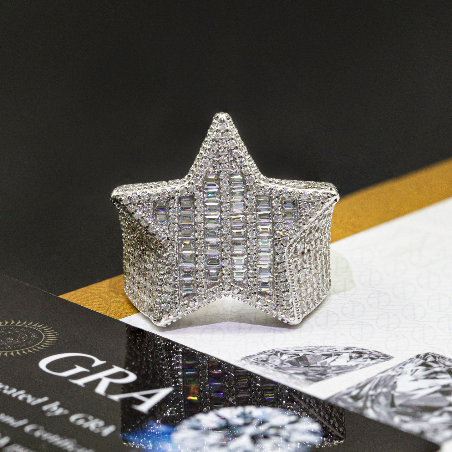 Bubble Letter Silver Moissanite VVS Baguette Star Ring for Men Hip Hop Jewelry